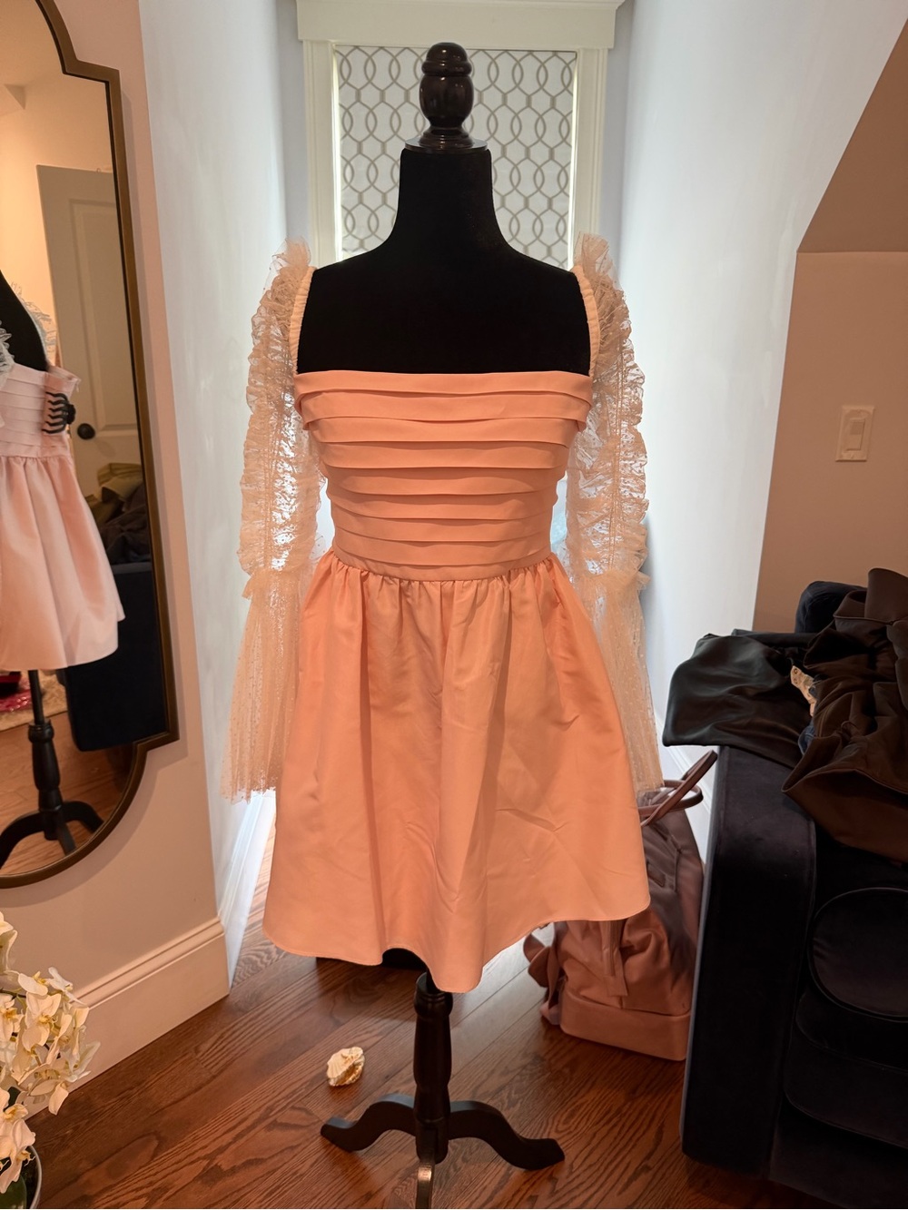 Self-Portrait Peach Pink Lace-Sleeve Party Dress